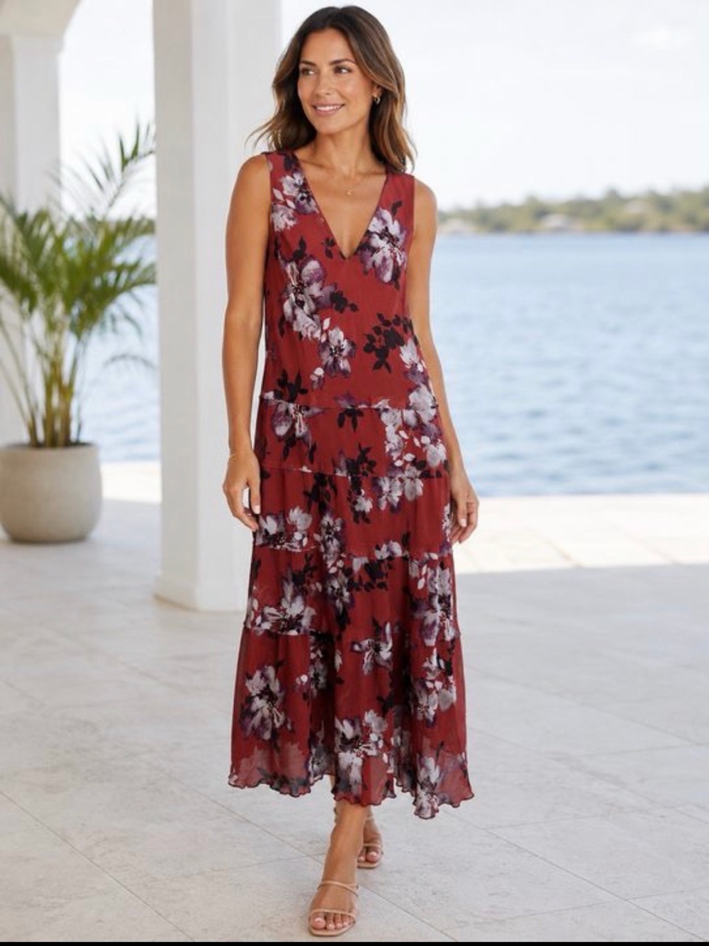 Simply Vera Vera Wang Rust Floral V-Neck Tiered Maxi
